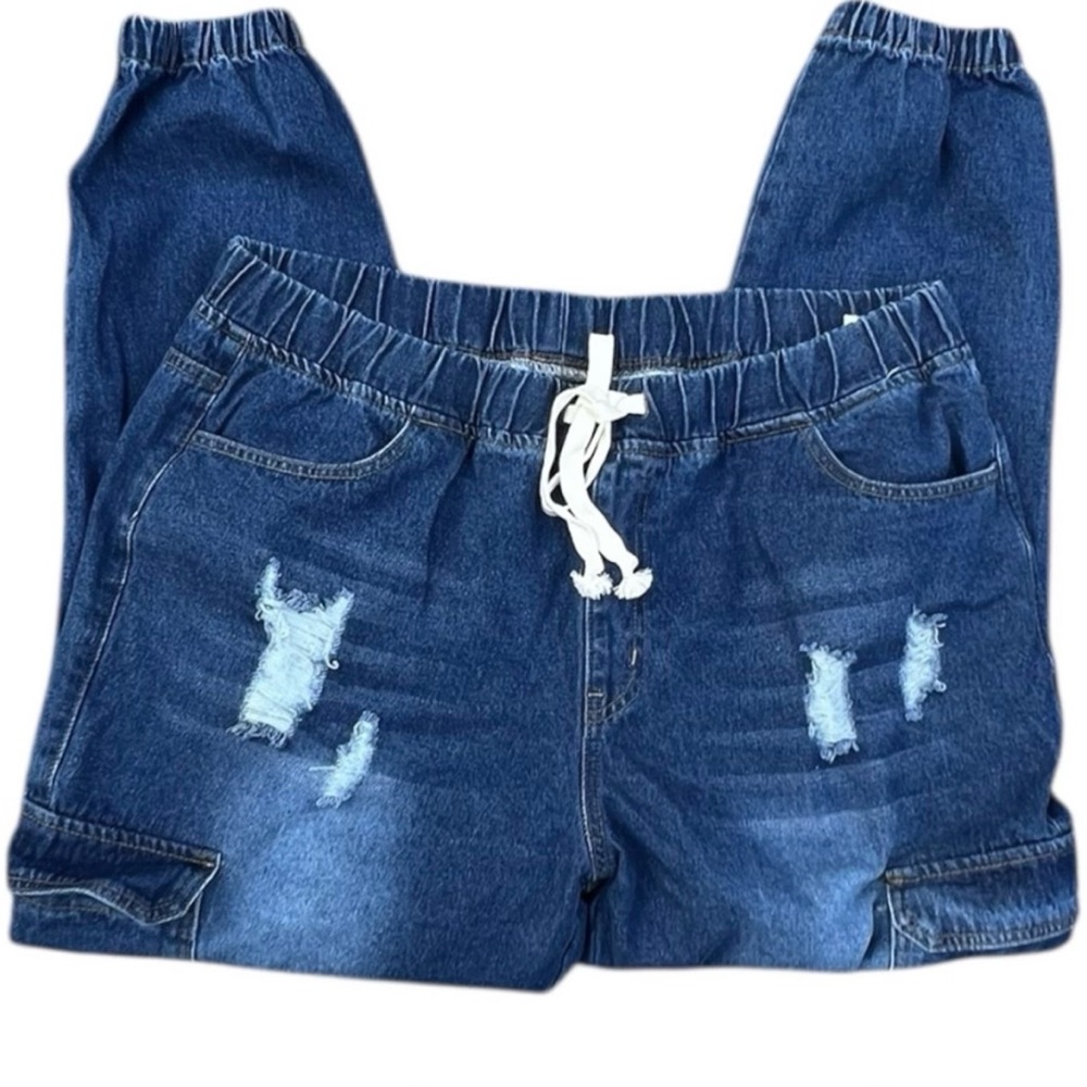 Shein Curve 2X Women's Casual Ripped Distressed Denim Joggers Elastic waist Tie‎